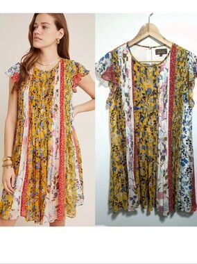 Varun Bahl x Anthropologie | Taylor Pintucked Floral Mini Dress In Yellow/Multi